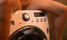 Teen with big tits experiences intense orgasm using vibrating washing machine